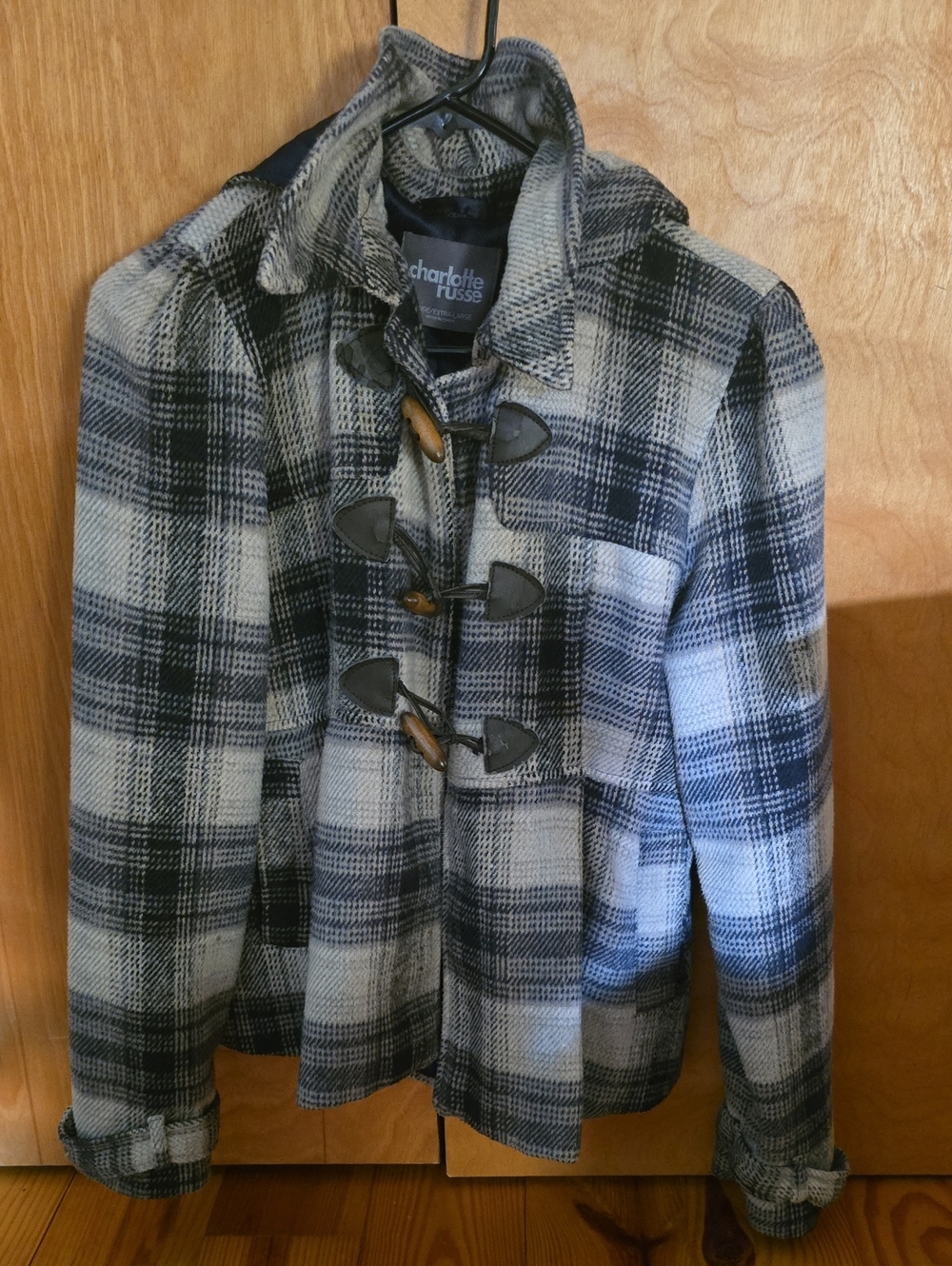 Wool-look Charlotte Russe Navy & Cream/Grey Plaid Toggle Jacket